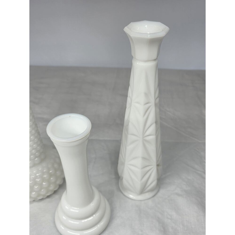 LOT of 3 VINTAGE White Milk Glass Bud Vases Hobnail Stars Wedding Decor - Picture 2 of 12